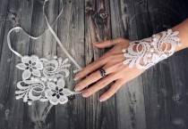 wedding photo -  White bridal handlet wrist cuff, lace charm evening fingerless glove pearl beads fancy, bridal cuff, rustic wedding bridesmaids gift