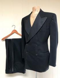 Vintage 1930s Tuxedo, 1939 Custom-made Double Breasted Wool Tuxedo, Peaked Lapel Jacket Pleated Pants, 1930s Formal Wear Black Tie, 40R wedding photo - Vintage 1930s Tuxedo, 1939 Custom-made Double Breasted Wool Tuxedo, Peaked Lapel Jacket Pleated Pants, 1930s Formal Wear Black Tie, 40R