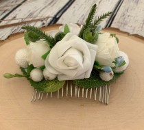 wedding photo -  White rose Bridal hair comb Champagne hairpiece Flower hair comb Rustic flower comb Ivory hair piece Wedding hair comb Greenery hair comb
