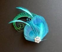 Turquoise Blue Green Peacock Feather Hair Clip Fascinator Crystal Wedding Bridal Bridesmaid Hair Accessory 'Evelyn' wedding photo - Turquoise Blue Green Peacock Feather Hair Clip Fascinator Crystal Wedding Bridal Bridesmaid Hair Accessory 'Evelyn'