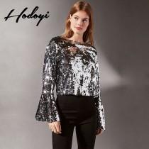 wedding photo -  Vogue Sexy Open Back Flare Sleeves Scoop Neck Sequined Spring Blouse - Bonny YZOZO Boutique Store
