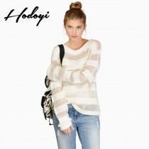 wedding photo -  Vogue Sexy Simple Solid Color Hollow Out Scoop Neck Fall 9/10 Sleeves Stripped Sweater - Bonny YZOZO Boutique Store