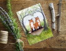 wedding photo - Fox anniversary card - 5"x7" eco friendly card - Cute woodland animal card -  animal watercolor art - Two red foxes in heart greeting