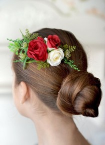 wedding photo -  Red flower comb Red roses hair comb Bridal hair piece Red greenery comb Wedding flowers hair Floral piece Bride hair prom flowers hair Red