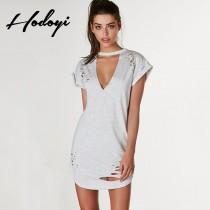 wedding photo -  Vogue Sexy Ripped Hollow Out V-neck One Color Summer Frilled Dress - Bonny YZOZO Boutique Store