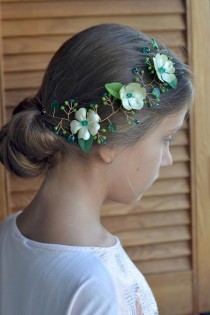 wedding photo -  Green hair vine Emerald crystal hair back head piece Floral green vine leaves head wreath Emerald wedding piece back crown