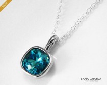 wedding photo -  Teal Crystal Necklace, Swarovski Indicolite Sterling Silver Chain Necklace, Wedding Teal Jewelry, Teal Pendant, Indicolite Square Necklace