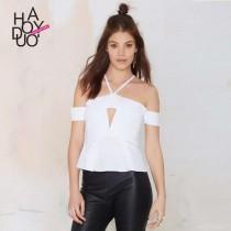 wedding photo -  Vogue Simple Ruffle Hollow Out Slimming Halter Off-the-Shoulder Summer T-shirt - Bonny YZOZO Boutique Store