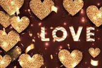wedding photo -  Happy Valentine's Day Sale banner with LOVE sparkling glitter gold textured hearts, confetti