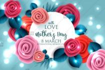 wedding photo -  Mother's day 8 March greeting card with flowers paper roses origami background soft hearts