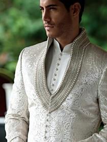 Men's Suit Bridal Wear Jacquard Silk Hand Work Sherwani With Churidaar Pazama White Color wedding photo - Men's Suit Bridal Wear Jacquard Silk Hand Work Sherwani With Churidaar Pazama White Color