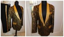 Vintage Mens Brocade Gold Metallic Rat Pack Motown Suit Tux Suit Custom Tailored Jacket Slacks Set 38" Chest 30" Waist wedding photo - Vintage Mens Brocade Gold Metallic Rat Pack Motown Suit Tux Suit Custom Tailored Jacket Slacks Set 38" Chest 30" Waist