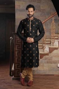 pakistani slub silk black man's kurta pajama with embroidery work wedding photo - pakistani slub silk black man's kurta pajama with embroidery work