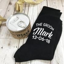 Groom Socks In a Can Wedding Morning Gift Personalised Socks and Tin wedding photo - Groom Socks In a Can Wedding Morning Gift Personalised Socks and Tin