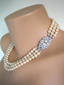 wedding photo -  Vintage Pearl Choker Necklace, 3 Strand Pearls, Cream Pearls, Pearl Bridal Necklace, Wedding Jewelry, Elizabethan Pearls, Costume Jewelry