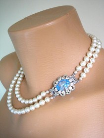 wedding photo -  Ivory Pearl Necklace, Vintage Pearl Choker, Aquamarine Rhinestone, 2 Strand Pearls, Bridal Pearls, Vintage Wedding, Pearls With Side Clasp