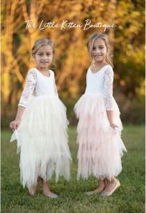 Blush pink tulle flower girl dress, White lace flower girl dress, Rustic flower girl dress, Ivory Boho flower girl dress, Toddler dress tutu wedding photo - Blush pink tulle flower girl dress, White lace flower girl dress, Rustic flower girl dress, Ivory Boho flower girl dress, Toddler dress tutu