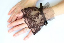 wedding photo -  Brown elegant wrist corsage, wrist cuffs, embroidered glove, fingerless gloves, lace gloves bridal cuff, cosplay costume, anniversary gift
