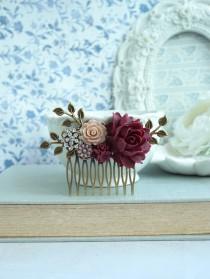 Burgundy Red Flower Comb Marsala Brown Antiqued Hair Comb Rustic Wedding Comb Brown Maroon Dark Red Gold Leaf Branch Flower Bridal Hair Comb wedding photo - Burgundy Red Flower Comb Marsala Brown Antiqued Hair Comb Rustic Wedding Comb Brown Maroon Dark Red Gold Leaf Branch Flower Bridal Hair Comb