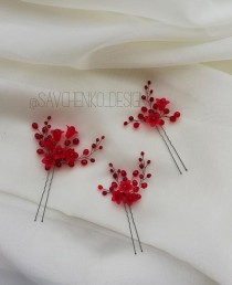 wedding photo -  Fall Bobby pins Burgundy set of 3 Red flower Hairpin Red Bridal Accessories Rustic Wedding Winter deep red hair pins Red Bridal Headpiece