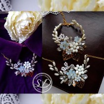 wedding photo -  Gold Bridal Jewelry SET Necklace and Bracelet set Crystal Flower Leaf Necklace Moonstone wedding set Gold Bridal Bracelet Bridesmaid jewelry