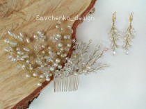 wedding photo -  Bridal Jewelry Set Ivory Hair Comb Pearl Bridal earrings Chandelier earrings Boho hairpiece Rose gold hair comb Bridal lace hair comb