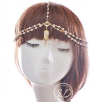 wedding photo -  Halo Pearls Bohemian Headpiece Great Gatsby 1920s headband Head Jewelry Chain Gold Indian Matha Patti Indian Tikka Bohemian Goddes Boho Glam