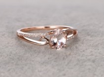 wedding photo -  6x8mm Oval Morganite Engagement Ring Diamond Wedding Ring 14k Rose Gold Simple Split Shank