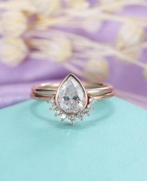 wedding photo -  Moissanite engagement ring set Vintage Pear shaped cut Moissanite ring Solid 14K Gold Curved wedding women Bridal Jewelry Anniversary gift