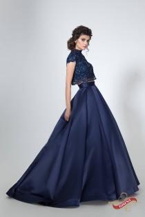 Two piece lace and satin dress, Navy blue evening dress, Cap sleeves prom dress, Crop top and skirt set Floral lace bodice Long evening gown wedding photo - Two piece lace and satin dress, Navy blue evening dress, Cap sleeves prom dress, Crop top and skirt set Floral lace bodice Long evening gown