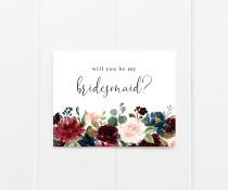 wedding photo - Will You Be My Bridesmaid Card, Bridesmaid Proposal Card, Bridesmaid Gift, Maroon, Watercolor Floral