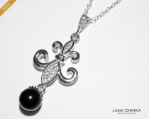 Fleur-De-Lis Pearl Necklace, Fleur De Lis Pendant with Swarvski Black Pearl Silver Fleur-De-Lis Wedding Necklace Fleur De Lis Silver Jewelry wedding photo - Fleur-De-Lis Pearl Necklace, Fleur De Lis Pendant with Swarvski Black Pearl Silver Fleur-De-Lis Wedding Necklace Fleur De Lis Silver Jewelry