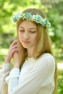 wedding photo -  Flower girl headband Mint floral crown bridal Mint head wreath flowers wedding accessories hair floral crown