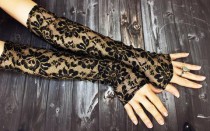 wedding photo -  Long Black Gold Lace Gloves Opera Gloves Belly Dance Costume Gloves Lace Embroidery Gloves Steampunk Lolita Noir Vampire Gothic Gift For Her