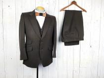 Vintage 50s Savile Row Three Piece Suit Brown Striped 40R 40 Regular Jacket Waistcoat Vest 33x29 Flat Front Trousers Unique Wedding Wear wedding photo - Vintage 50s Savile Row Three Piece Suit Brown Striped 40R 40 Regular Jacket Waistcoat Vest 33x29 Flat Front Trousers Unique Wedding Wear