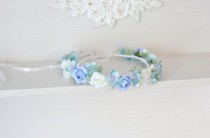 wedding photo -  Blue flower girl crown Roses headband Wedding flower crown Blue floral crown Bridesmaids headpiece Blue white flower crown