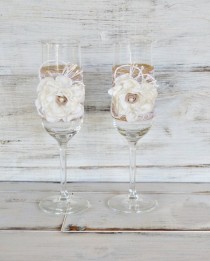 wedding photo -  Rustic Chic Wedding Champagne Glasses with Lace and Fabric Flowers, Champagne Toasting Flutes, Engagement gift.
