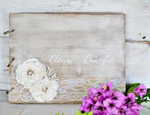 wedding photo -  Personalized Wedding Guest Book with Fabric Flowers, Wood Guestbook, Rustic Guest Book, White Wedding Guestbook.