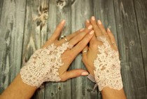 wedding photo -  Pink bridal wedding gloves, french lace short bridal gloves, powder pink fingerless gloves, flower girl gift, bridal cuff