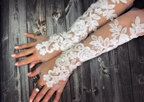 wedding photo -  Ivory white long lace wedding gloves, french lace fingerless gloves, sophisticated lace wedding accessories