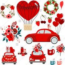 wedding photo -  Valentines Day VW Beetle, Vintage Car with hearts, balloons, roses, flowers, clip art vector illustration