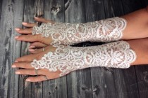 wedding photo -  White wedding gloves bridal gloves lace gloves guantes french lace silver frame gloves fingerless gloves