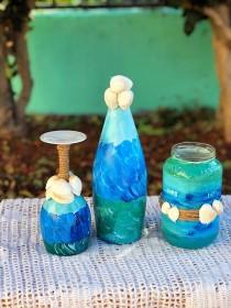 beach theme painted wine bottle, Aqua blue gold painted wine bottle, candle holder, blue and gold beach theme bottle, sea shells blue gold wedding photo - beach theme painted wine bottle, Aqua blue gold painted wine bottle, candle holder, blue and gold beach theme bottle, sea shells blue gold