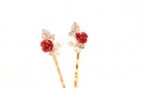 Red Rose Hair Pins Wedding Hair Pins Red Gold Head Pins Bridal Rose Hair Pin White Pearl Headpiece Pearl Hair Pin Red Flower Headpiece wedding photo - Red Rose Hair Pins Wedding Hair Pins Red Gold Head Pins Bridal Rose Hair Pin White Pearl Headpiece Pearl Hair Pin Red Flower Headpiece