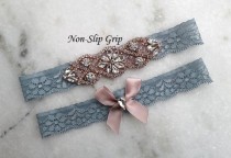 Dusty Blue Wedding Garter Set, Rose Gold Stretch Lace Bridal Garter, Crystal Rhinestone Garters, Light Blue Garter, Something Blue non-slip wedding photo - Dusty Blue Wedding Garter Set, Rose Gold Stretch Lace Bridal Garter, Crystal Rhinestone Garters, Light Blue Garter, Something Blue non-slip