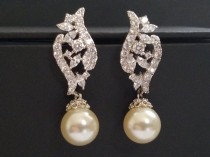 Cubic Zirconia Pearl Bridal Earrings, Swarovski 10mm Pearl Silver Earrings, Wedding Pearl Earrings, Pearl Bridal Jewelry, Prom Pearl Earring wedding photo - Cubic Zirconia Pearl Bridal Earrings, Swarovski 10mm Pearl Silver Earrings, Wedding Pearl Earrings, Pearl Bridal Jewelry, Prom Pearl Earring