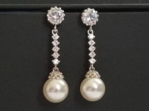Pearl Bridal Earrings, Swarovski White Pearl Silver Earrings, Wedding Pearl CZ Earrings, Pearl Bridal Jewelry, Pearl Chandelier Earrings wedding photo - Pearl Bridal Earrings, Swarovski White Pearl Silver Earrings, Wedding Pearl CZ Earrings, Pearl Bridal Jewelry, Pearl Chandelier Earrings