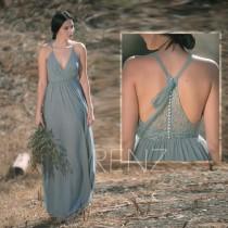 Bridesmaid Dress Greenish Gray Chiffon Dress Wedding Dress,V Neck Maxi Dress,Lace Straps Party Dress,Illusion Back Evening Dress -Renz(H570) wedding photo - Bridesmaid Dress Greenish Gray Chiffon Dress Wedding Dress,V Neck Maxi Dress,Lace Straps Party Dress,Illusion Back Evening Dress -Renz(H570)