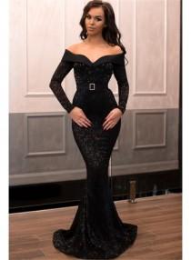 wedding photo -  Sexy Black Long-Sleeves Sequins Evening Dresses | Mermaid Off-the-Shoulder Prom Dresses_Prom Dresses_Wedding Dresses | Prom Dresses | Evening Formal Gowns | Suzhoud