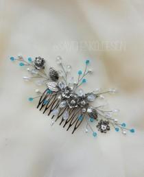 wedding photo -  Something blue flower Bridal Hair Accessories|Bridesmaids hair comb|Vintage Wedding Headband|Silver Leaf Blue White Ivory Flower Rhinestone